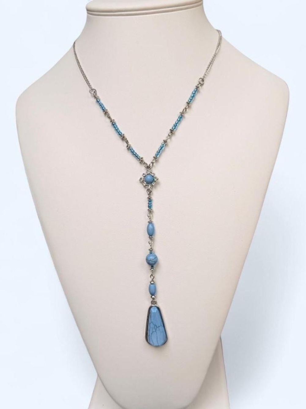 C1946 Boho Silver-Tone Lariat Y-Necklace Blue Stone Teardrop Pendant